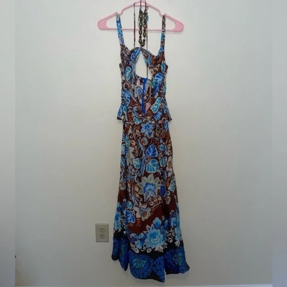 Alexis NWT Nisa Halter Midi Dress Blue Brown Floral Print Size M Resort Wedding - Picture 5 of 12